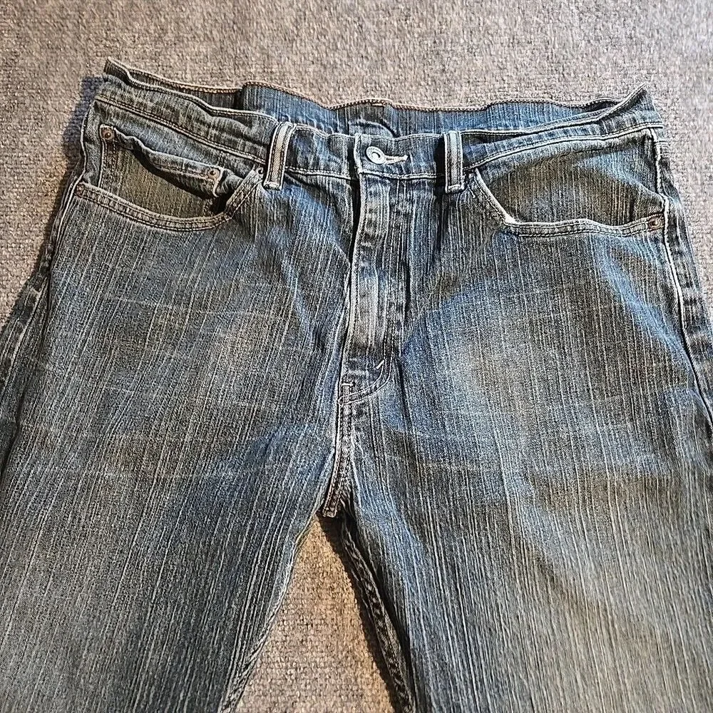 Levi 505 Denim Jeans Mens 36x32 Blue Straight Leg 5 Pocket Railroad Fade Whisker